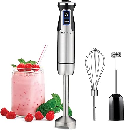 MuellerLiving Hand Blender, Immersion Blender, Hand Mixer with Attachments: Stainless Steel Blade, Whisk, Milk Frother