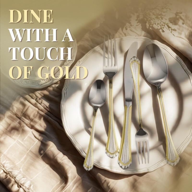 Miniatura 4 de Colección Italiana Tuscana Gold - Cubiertos de acero inoxidable quirúrgico de primera calidad, 20 piezas