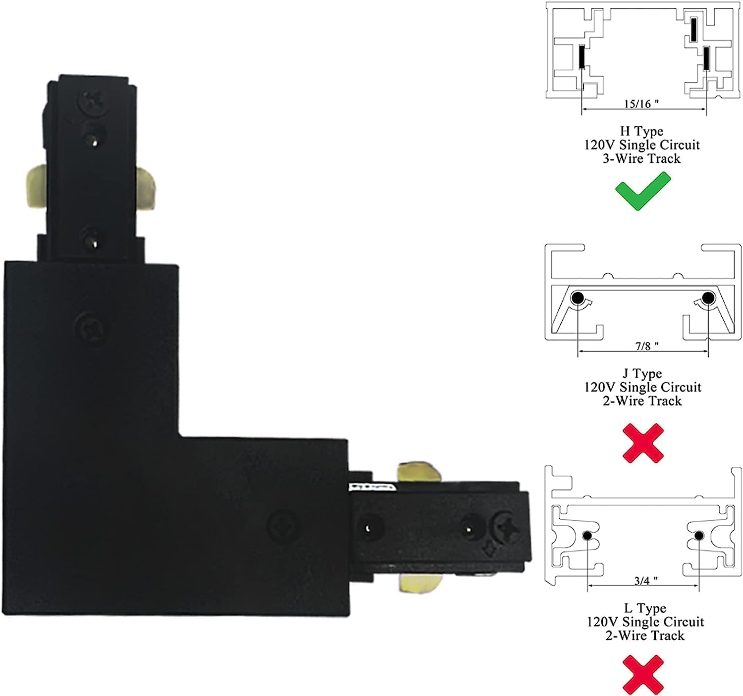 Black H Track L Connector H Type Single Circuit 3-Wire-1 Track Lighting Kit for H Track System Track Lighting Accessories 120V