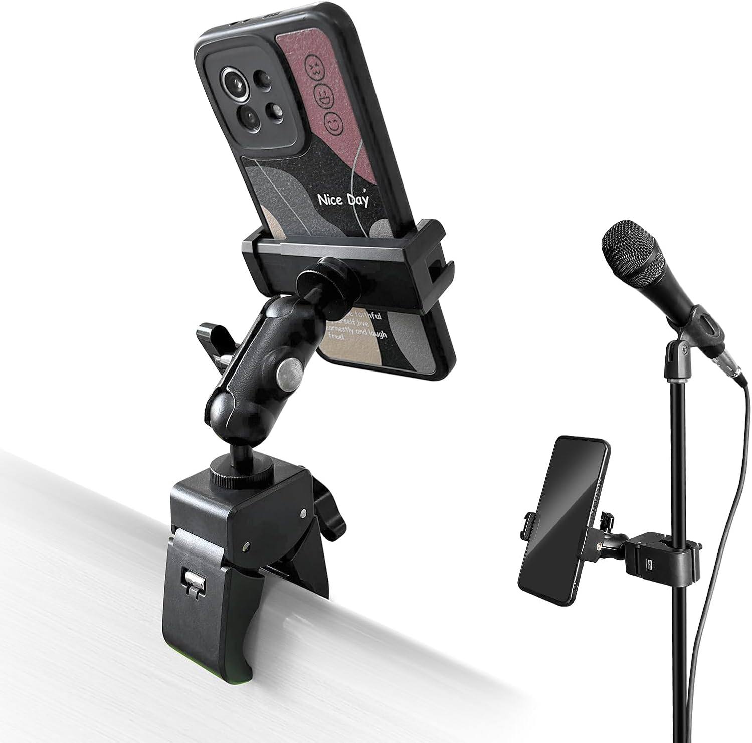 Clip Phone Holder for Desk,Pole,Pipe,Boom,Flat Surface with Adjustable Aluminium Arm Phone Clamp Mount for Mic Stand,Treadmill Compatible with All 4-7” Cell Phone (Short-Aluminium Arm Phone Holder)