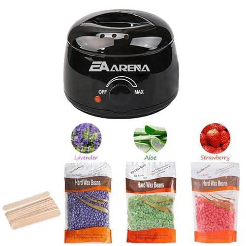 Professional Hair Removal Warmer With Wax Bowl Kit - 3 Bags Beads and Applicator Sticks for Full Body at Home Machine (Lavender+Strawberry+Aloe Black)