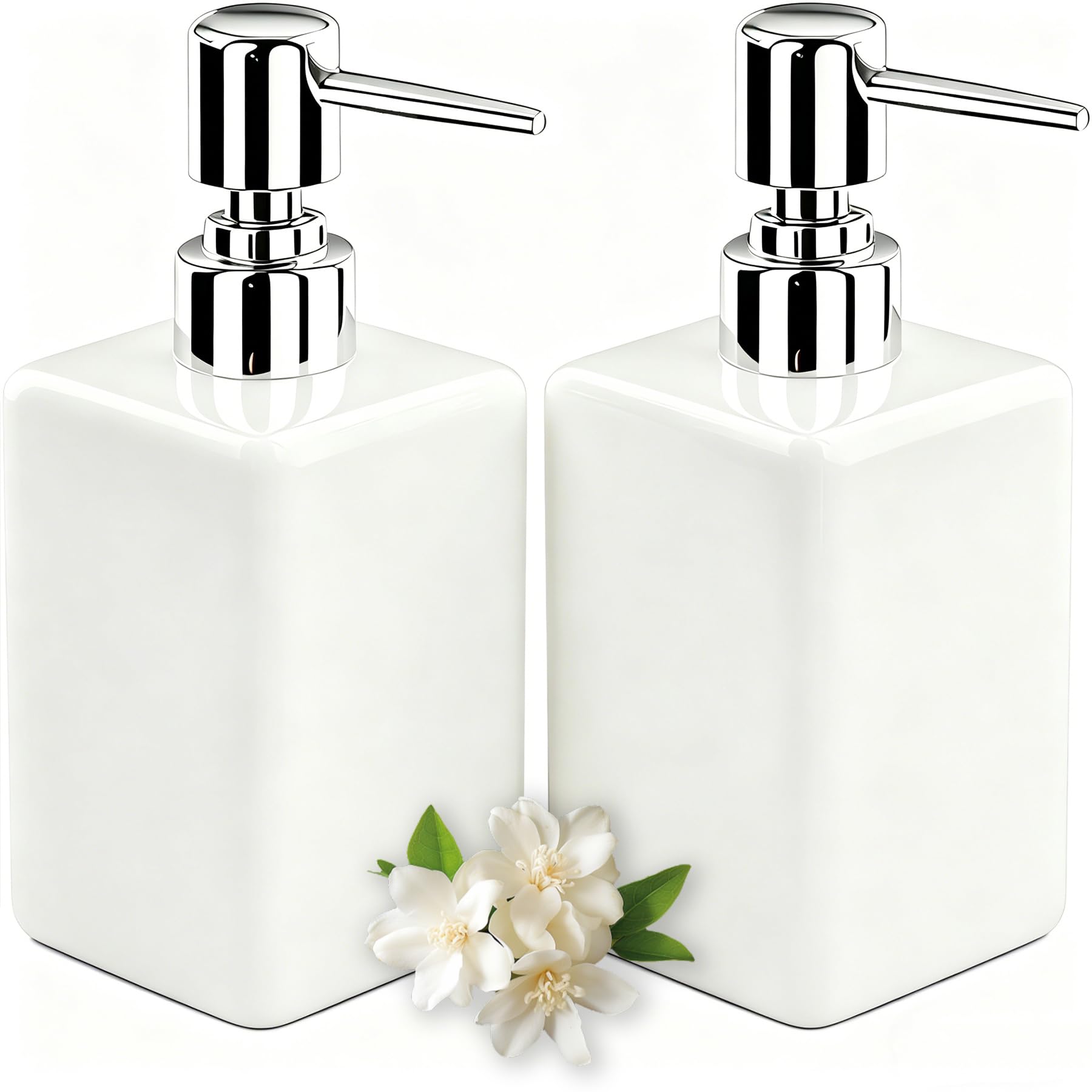2PSC White Ceramic Soap Dispenser - 320ml/11oz Square Design with Long Spout & Rustproof Pump, Refillable for Shampoo/Liquid Soap, Bathroom & Kitchen Essential — image 1