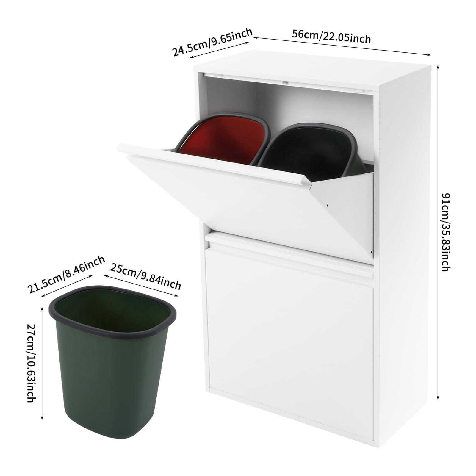 Cubo de basura de cocina con 4 compartimentos, sistema de separación de basura, de acero, con cubo interior extraíble, para montaje en pared, 4 x 15 L, color blanco