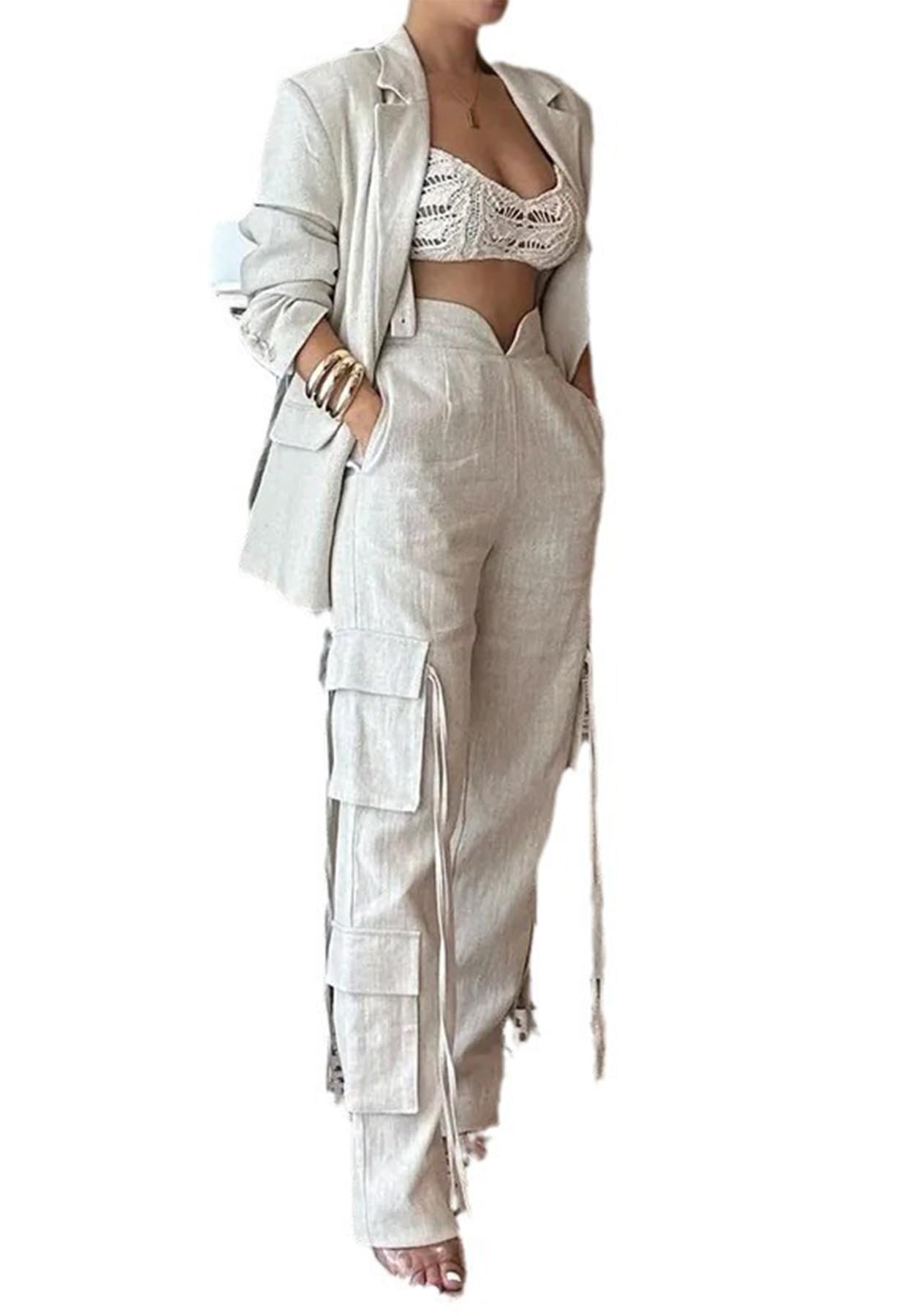 Womens Spring Fall 2 Piece Blazer Set Casual Loose Long Blazer Jackets and Straight Wide Leg Pant Suits