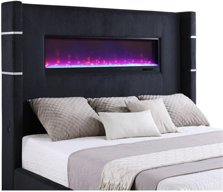 Pemberly Row Wingback Eastern King Upholstered Bed, Black Corduroy Fabric, 16-Color Flame Box, Remote-Controlled Fireplace, Durable Construction, Modern Bedroom Furniture, 67.25" H x 83.5" W x 89.5" D