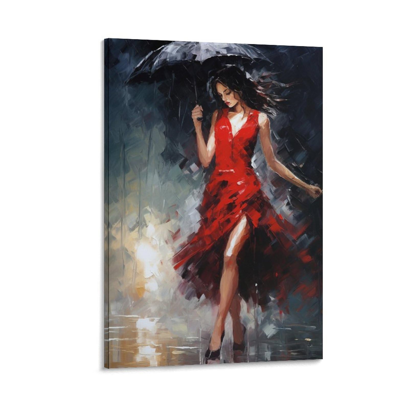 AYAROS Woman In Red Wall Art Canvas Poster Black Umbrella Walking Abstraction Wall Decor Poster Dormitory Decor Painting Art Framed 16x24 inch