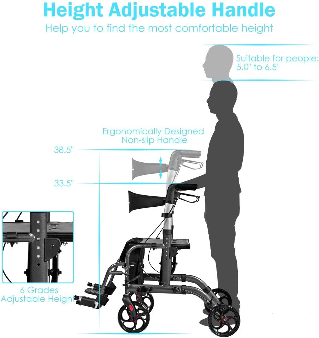 Goplus 2-in-1 Rollator Walker showing adjustable handle height from 33.5 to 38.5 inches