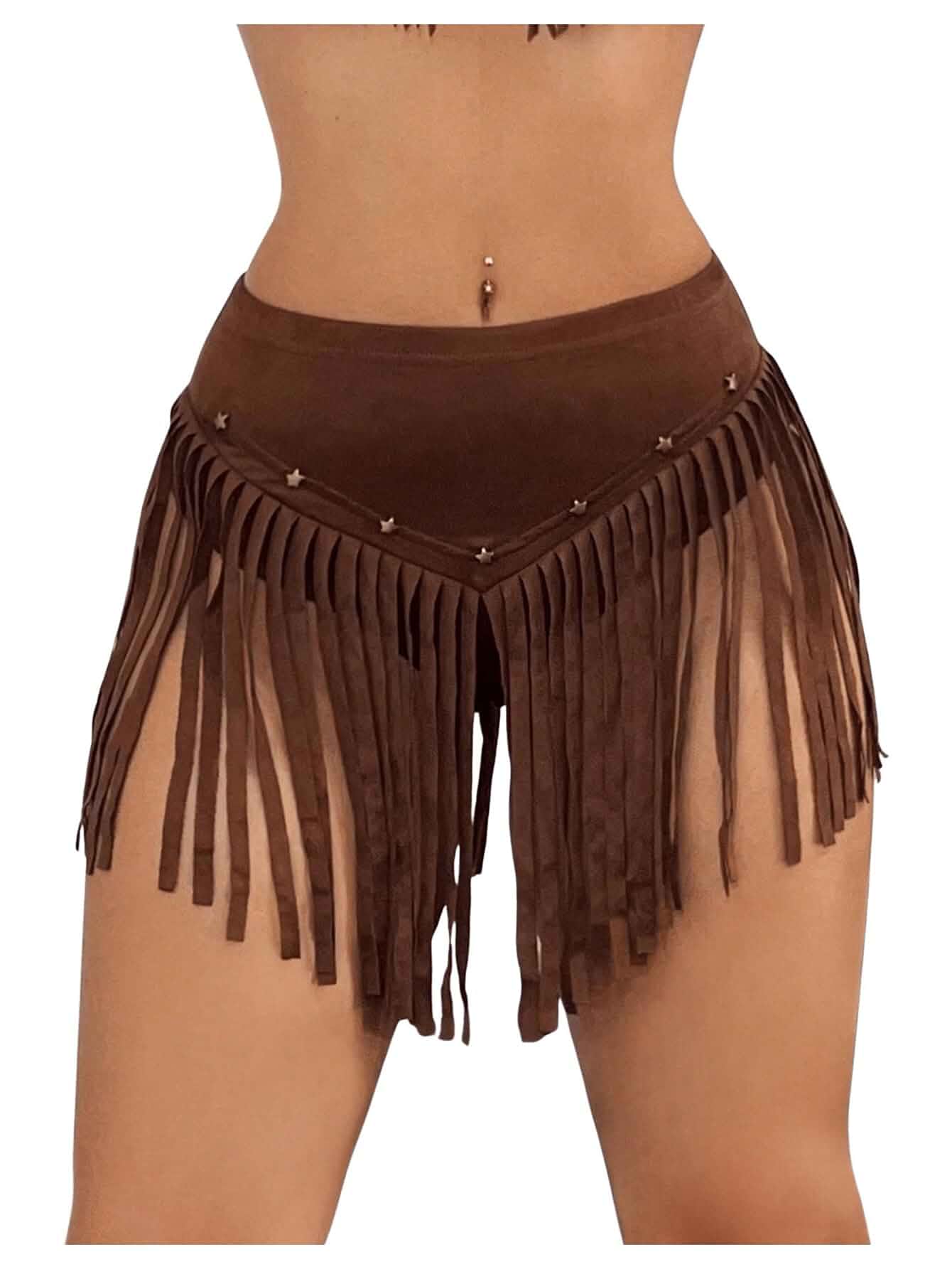 OYOANGLE Women's Suede Fringe Western Cowgirl Mini Skirt | Beaded, Low Waist Flared Short Skirts, Tassel, Concert Rave Out...