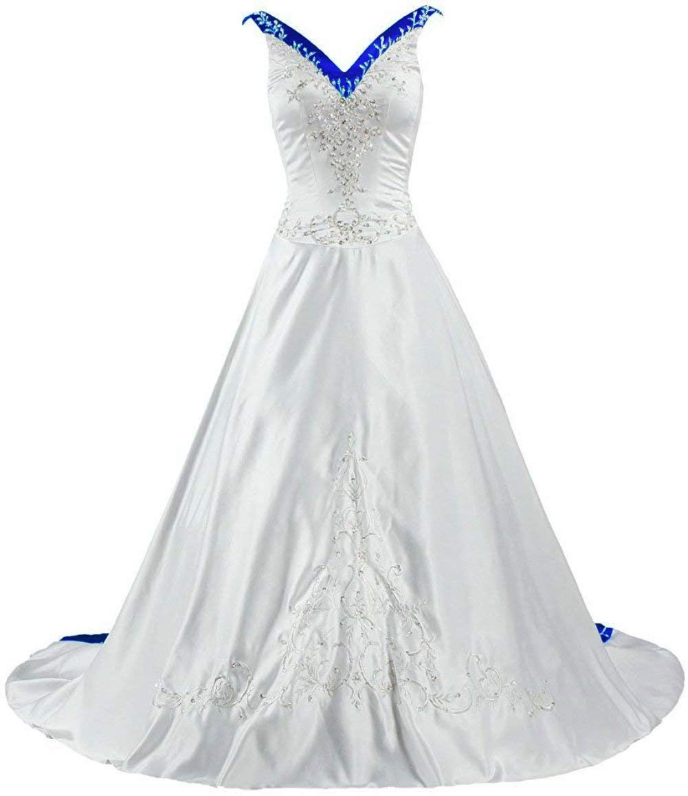 Femme Elégante V-col Robes de Mariée Broderie Satin Robe de Mariage A-Ligne Robes de Nuptiale Chapel Train