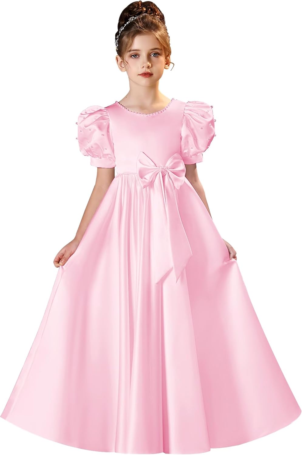 Satin Flower Girl Dresses for Wedding Puff Sleeves First Communion Dress Pearl Girls Ball Gown with Bow