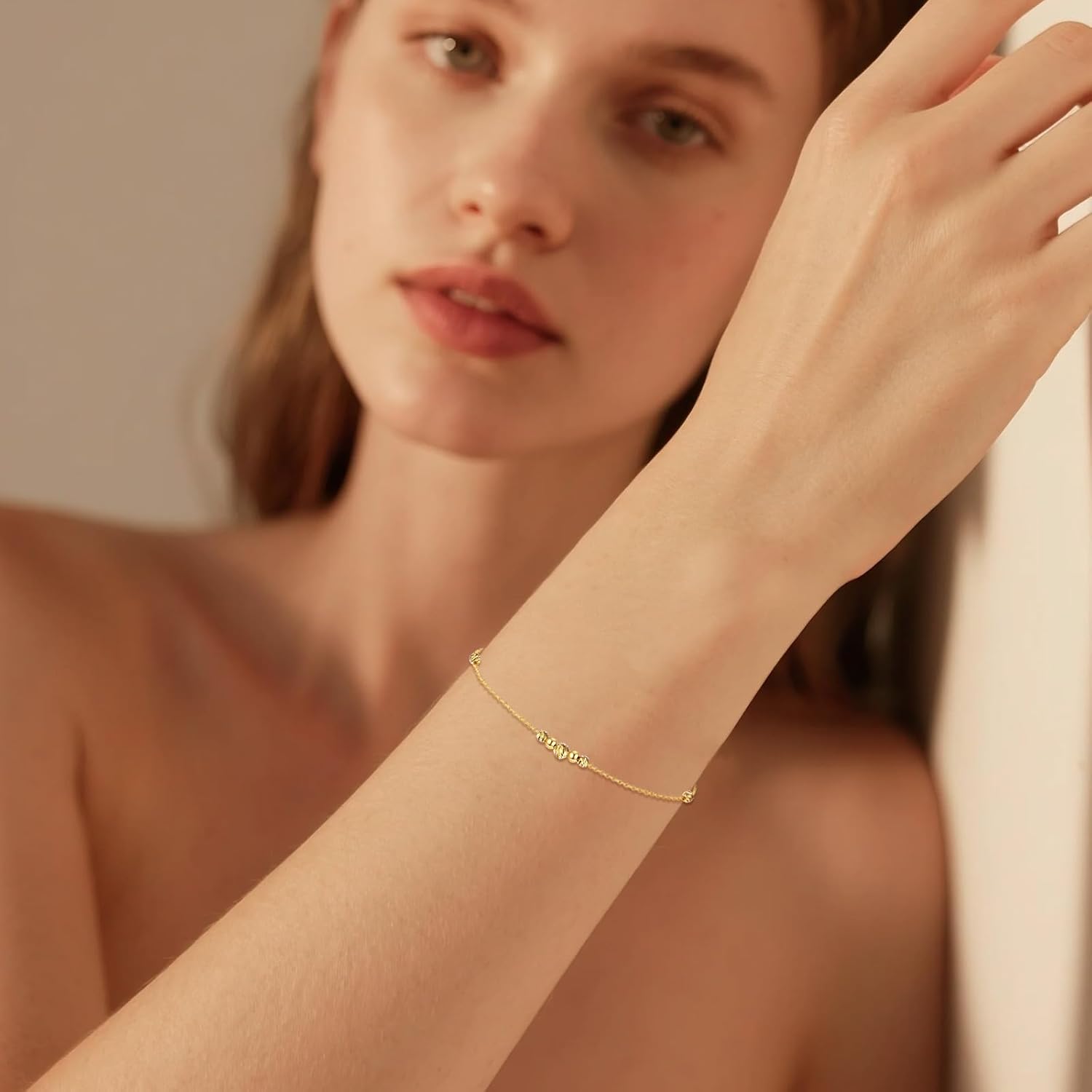 14K Gold Diamond-cut Beads Station Bracelet for Women,Yellow Gold Beads Thin Chain Link Bracelets Anklets Anniversary Christmas Mother’s Day Jewelry Gift for Mom Wife Her 6.5''+2'' - Image 4