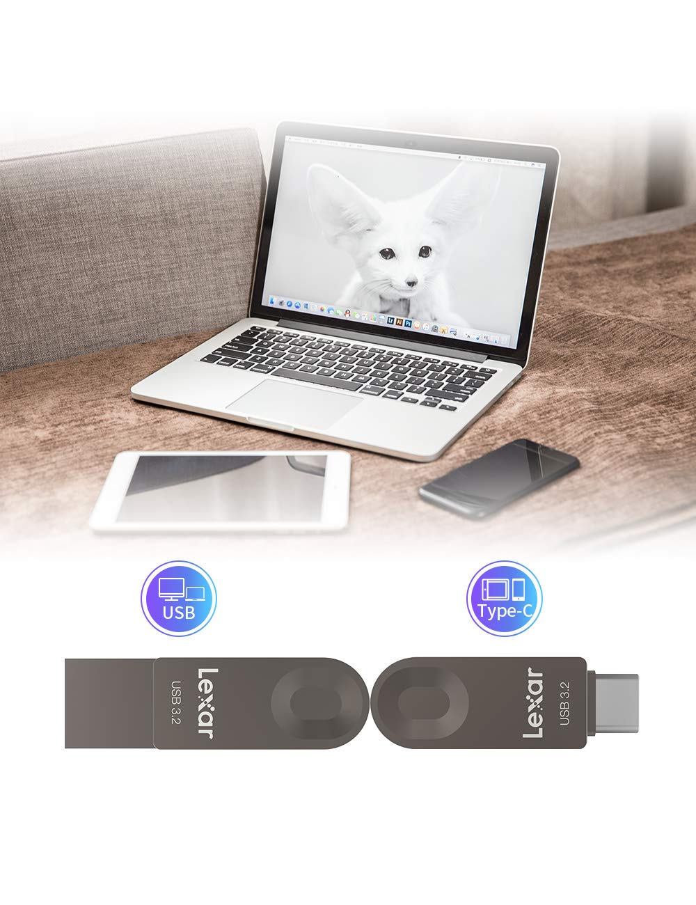 Lexar Chiavetta USB 3.2 128 GB, Gen 1, USB C & USB A, Velocità di Lettura Fino a 100 MB/s, Supporta OTG, Metallo Memoria per PC, Laptop, Auto, TV, Smartphone Type C, Android