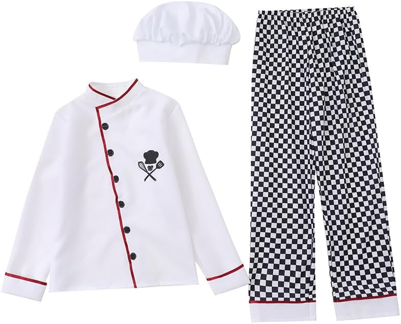 Toddler Chef Outfit for Kids Ages 3-8 Chef Coat Kids Little Chef Mini Chef Set for Kids Chef Set 3 PCSTiny Chef Show(L), Large, White, A11352-4