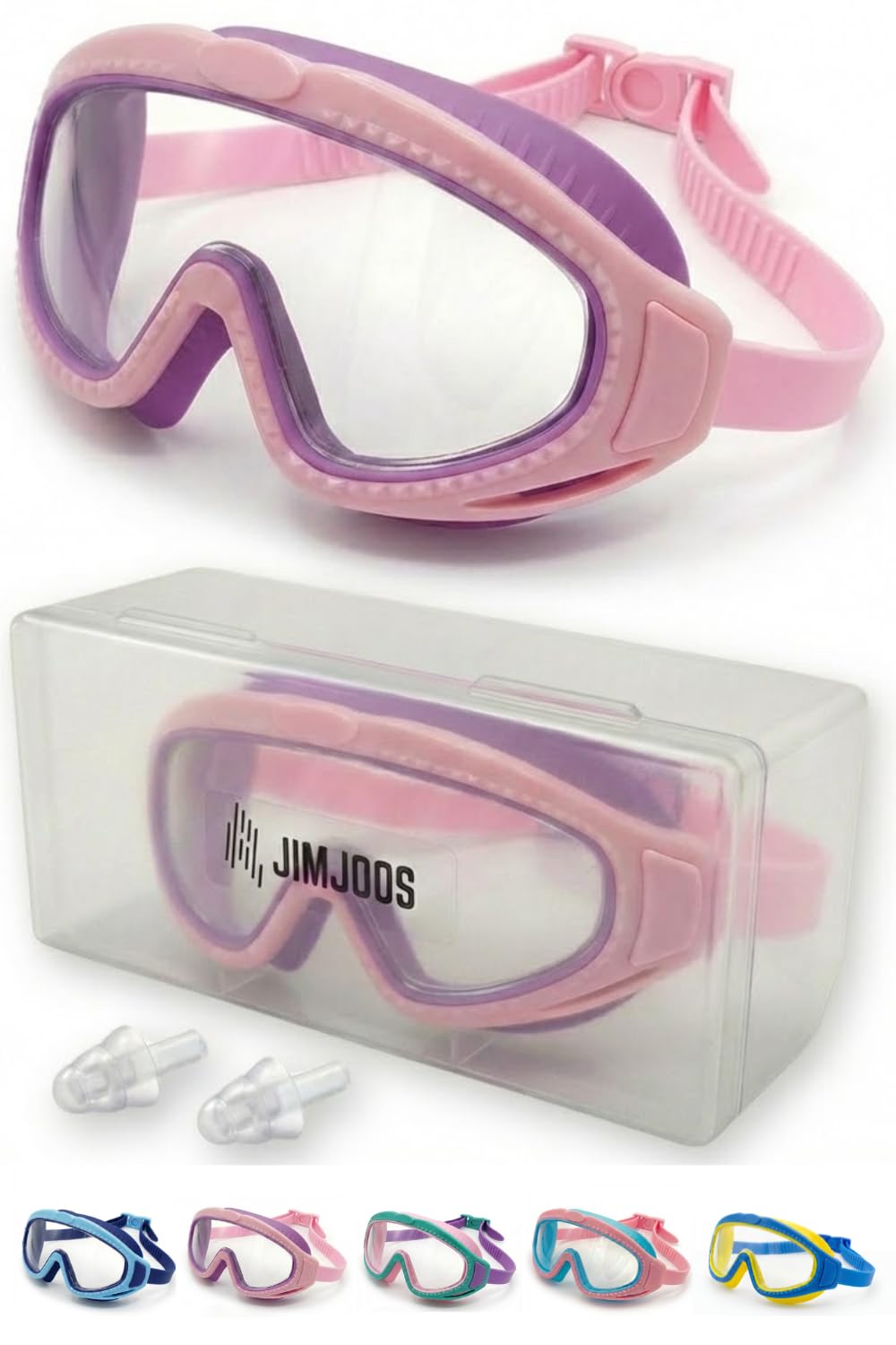 JIMJOOS Kids Swimming Goggles 6-14 - Wide View, Anti Fog, UV Protection, Leak Proof Swim Goggles for Boys Girls - Adjustable Back Strap - Hard Case & Silicone Ear Plugs Included (PINK-PURPLE)