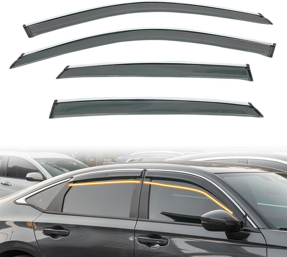 Tape on Window Visor Deflectors, Compatible with 2022-2026 Honda Civic Sedan, Acrylic Smoke Slim Style with Chrome Trim Window Rain Guards, Sun Wind Side Vent Visor Set, 4 Pieces
