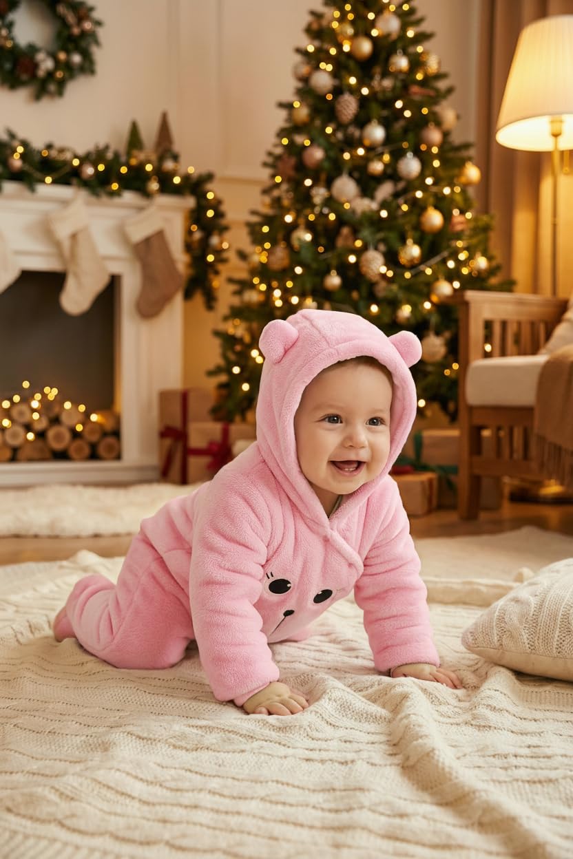 Salopette per Neonato Romper Invernale in Flanella Playsuit con Piedini Felpa con Cappuccio Cartoon,Rosa 3-6 Mesi