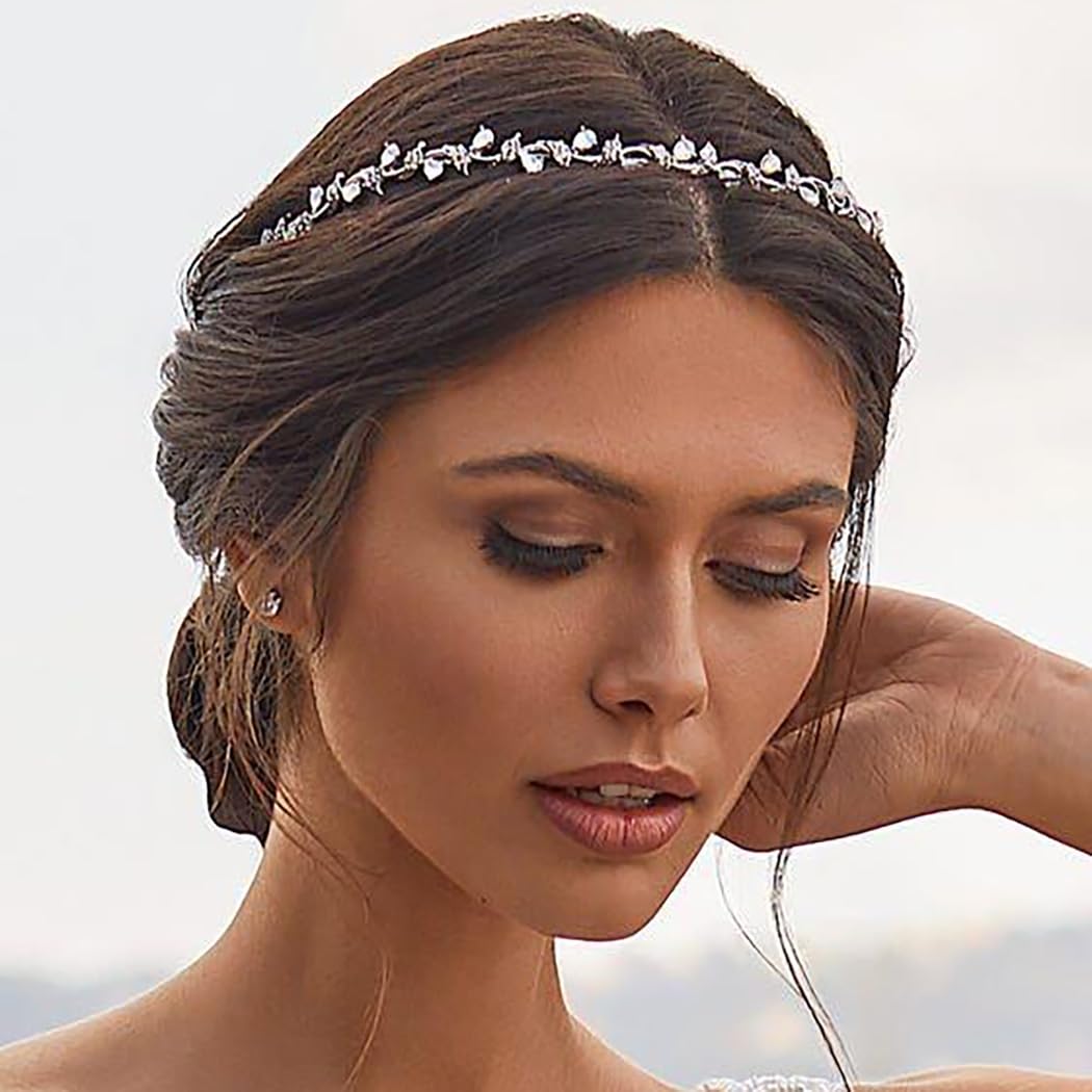 Zoestar Diadema de boda con diamantes de imitación, diadema de cristal plateado, diadema de hojas de novia, accesorios brillantes para el cabello para mujeres y niñas