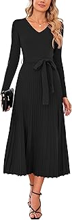 2024 Fall Wool Blended Womens Long Sleeve V Neck Tie Waist Pleated A Line Ribbed Knit Pullover Midi Sweater Dress - Buy now