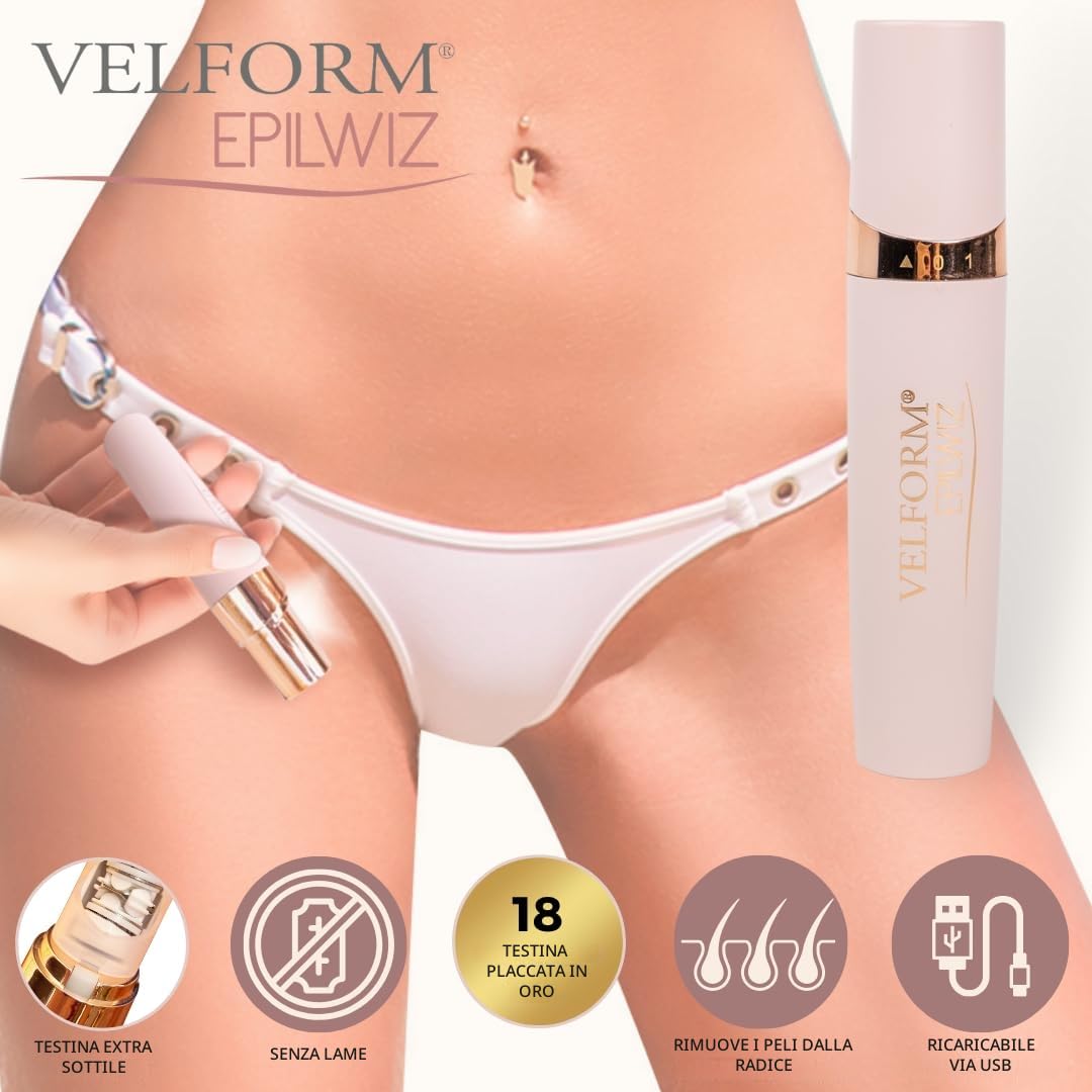 VELFORM Epilwiz, Sistema Avanzato di Depilazione Con Luce LED, Testa Placcata in Oro 18 Carati, Cavo USB, per Tutti i Tipi di Pelle (Advanced - USB)