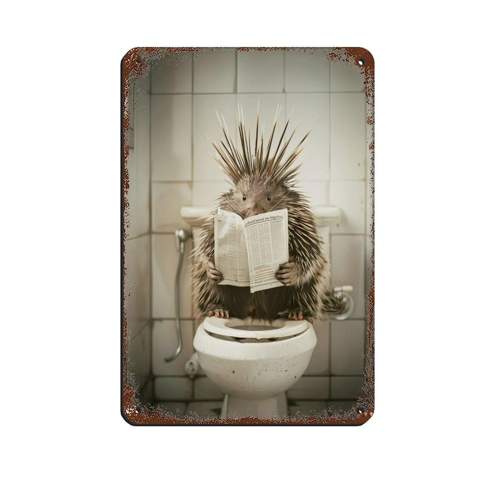 Porcupine Sitting on The Toilet Reading A Newspaper (2) Retro Poster Metal Tin Sign Chic Art Retro Iron Painting Bar People Cave Cafe Family Garage Poster Wall Decoration 8x12inch(20x30cm)