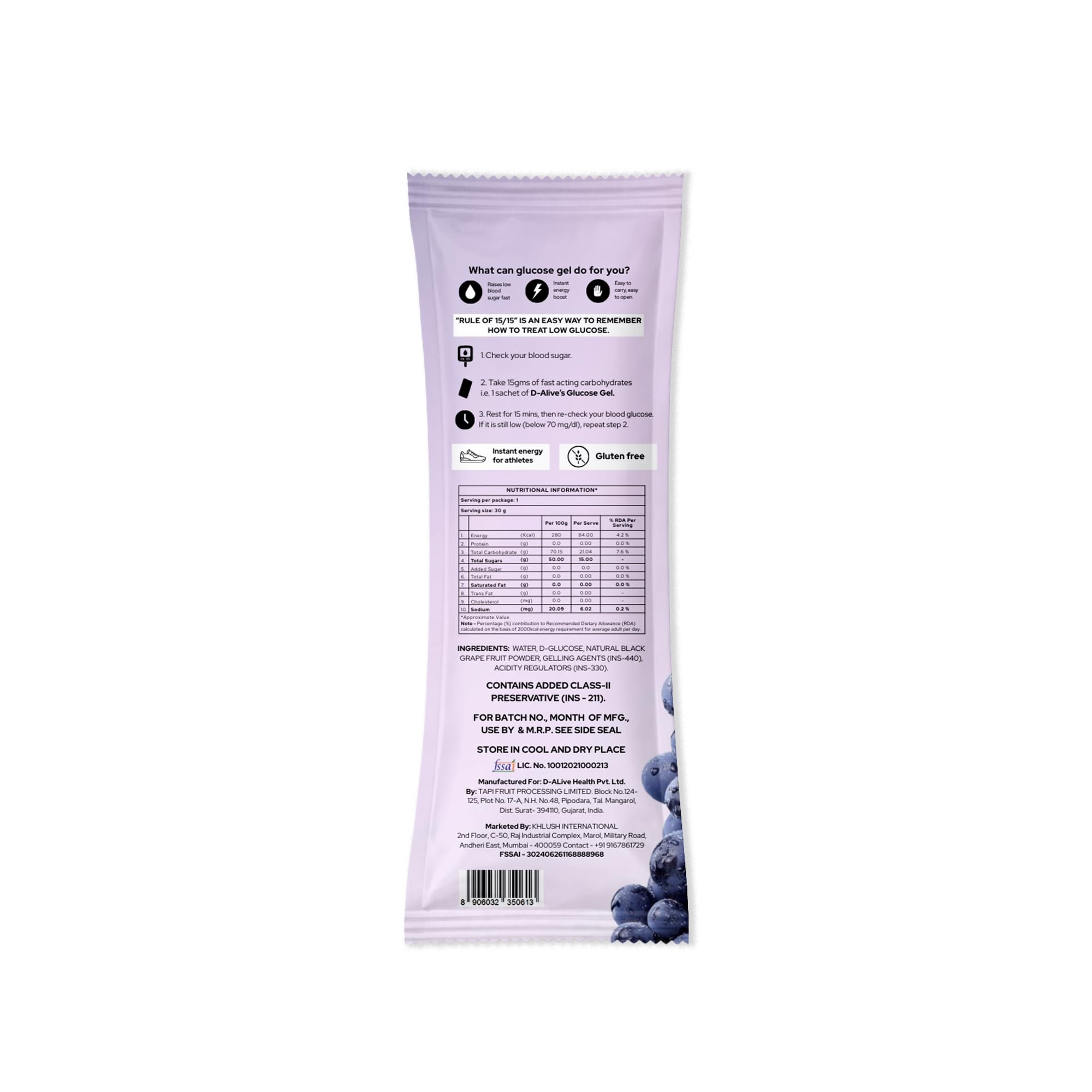 D-Alive Glucose Gel Sachets – Fast Acting Glucose for Hypoglycaemia & Low Blood Sugar Relief – Instant Energy Gel for Athletes – Total 4 Pocket-Size Trial Pack (15g Each) – Lemon, Mango, Grape & Mixed Berries (Assorted, Gluten-Free, Natural Flavour) — Amazon image 9