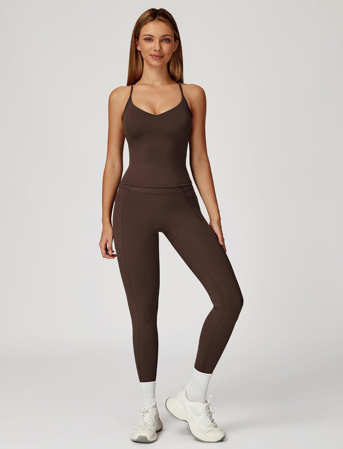 ABOCIW Womens 2 Piece Workout Sets Strappy Crop Tank Corssover High Waist Leggings with Poacket Gym Set Yoga Outfits - Image 2