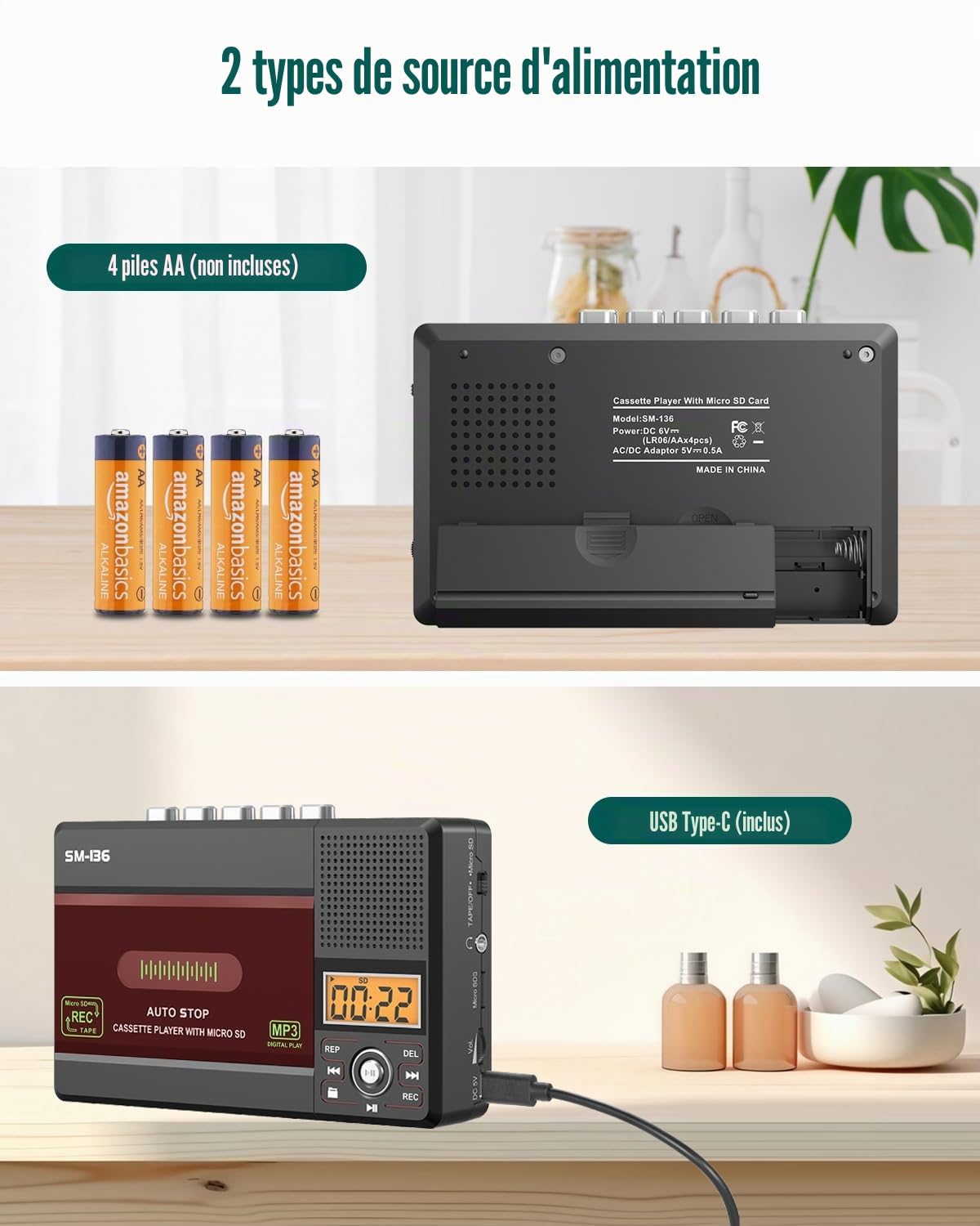 SEMIER Lecteur de Cassette, USB C ou Carte SD, convertisseur de Cassette Audio vers MP3, Enregistrement sur Cassette/Ordinateur/Carte SD Via Micro, écran LCD, Haut-Parleur, Prise Casque, Carte SD 16