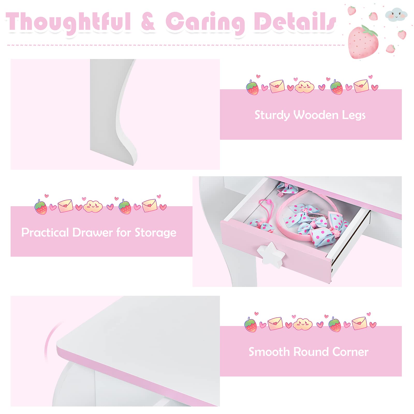 LIFEZEAL Set Toeletta di Unicorno per Bambini con Sgabello e Specchio Rimovibili in Stile Principessa, Tavolo Cosmetico per Ragazzi in Legno, Tavolo da Trucco per Camera da Letto (rosa)