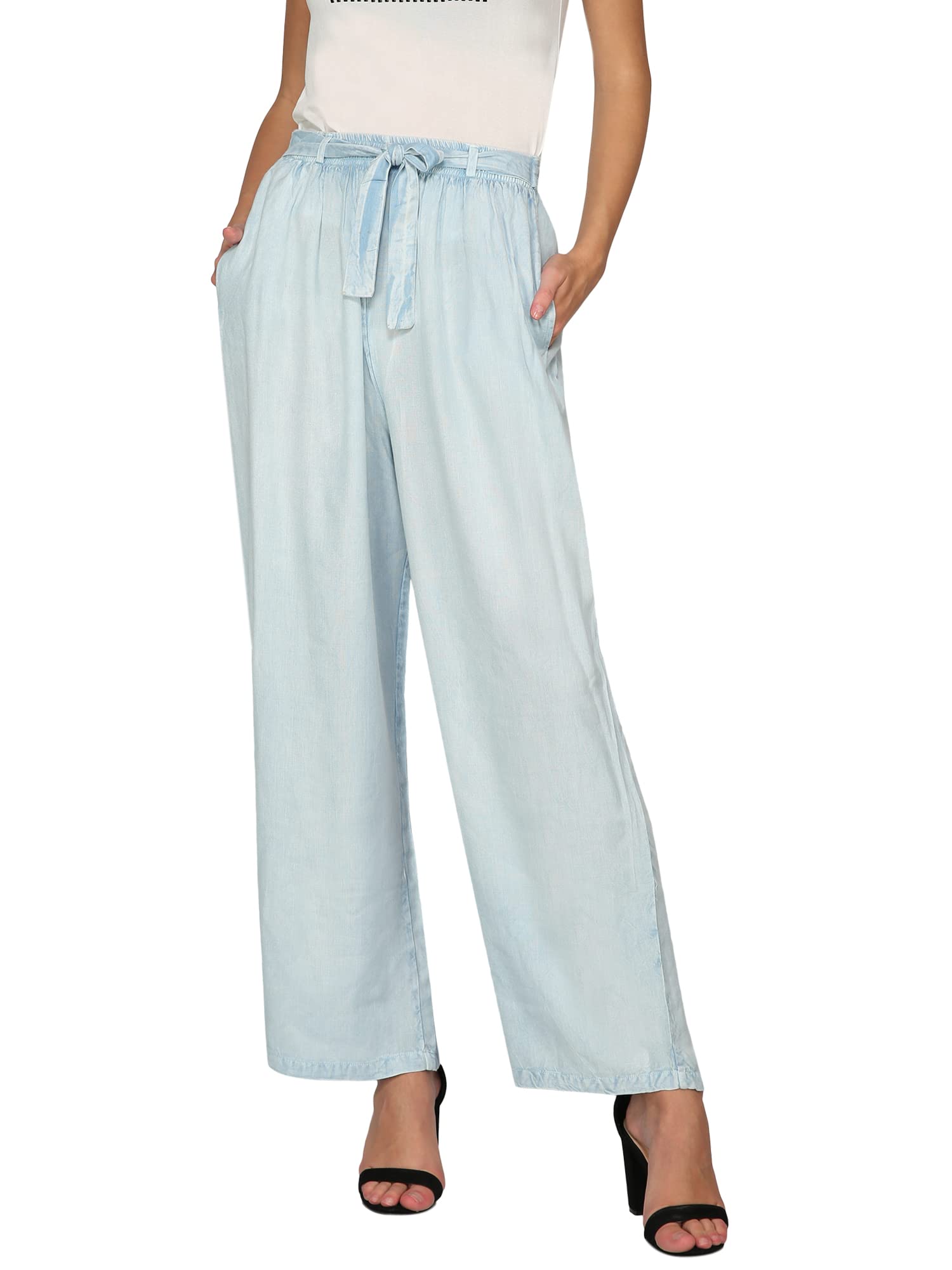 tnq Women Rayon Denim Look Palazzo/Rayon Trousers/Belted Palazzo (IN, Numeric, 30, Light Blue)-picture-16