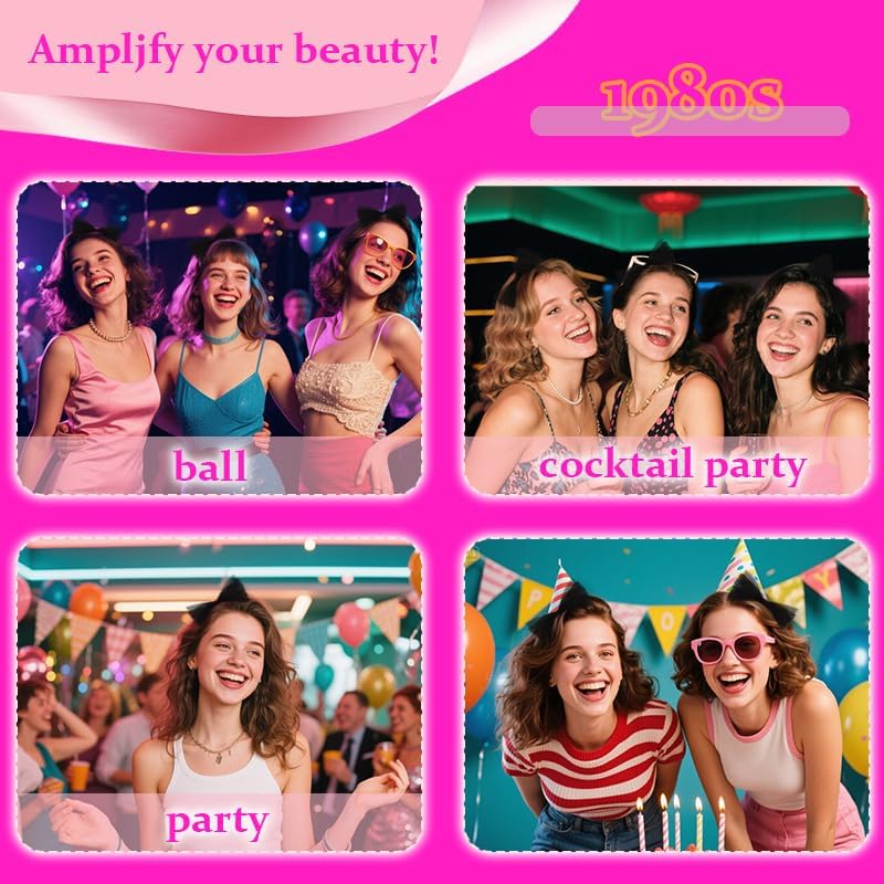 Miniatura 5 de Accesorios de los años 80 para mujer, diadema de lazo de encaje de los años 80 y aretes de neón para mujer, trajes retro vintage de los años 80 para