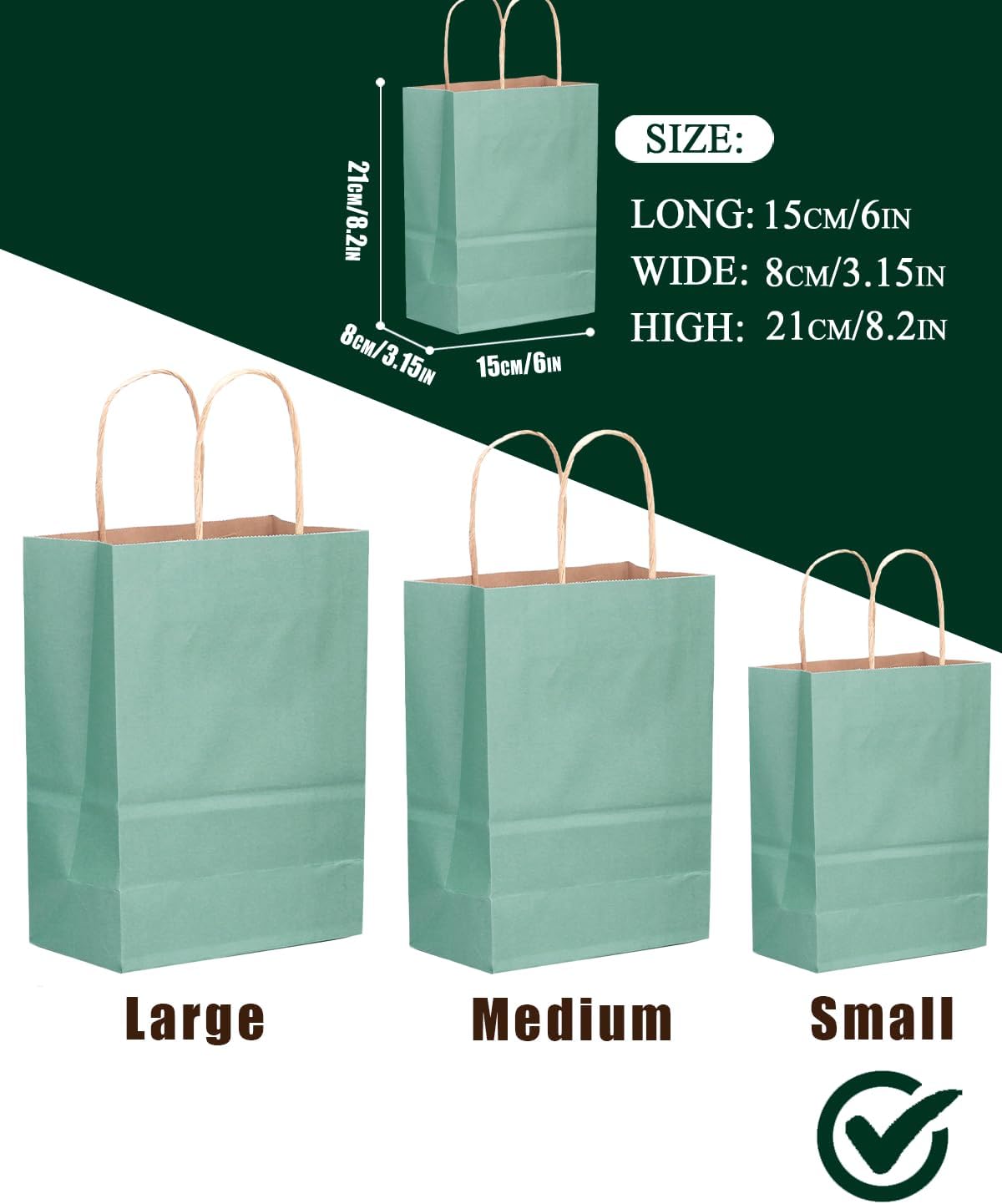qiqee 100PCS Gift Bag with Handles Bulk Kraft Light Blue Paper Bags Multiple Uses (8.3"x3"x6"inch Small Size)
