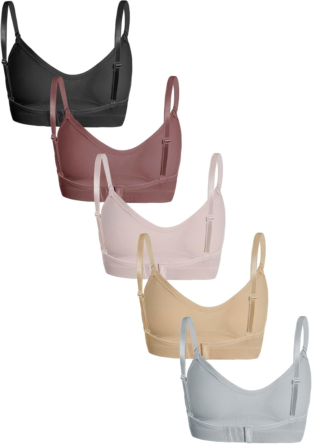 OYOANGLE Women's 5 Pieces Rib Knit Spaghetti Strap V Neck Wireless Bra Set Seamless Solid Plain No Padded Bralette - Image 5