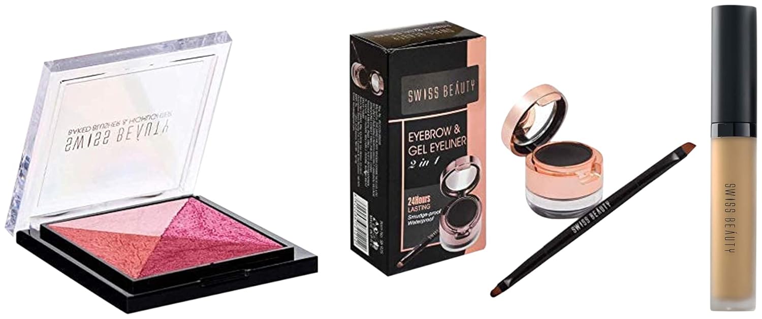 SWISS BEAUTY Baked Blusher & Highlighter -02 Sb-806, Shades & Swiss Beauty Eyebrow & gel Eyeliner 2 In 1, Eye MakeUp, Black-01, 7g & SWISS BEAUTY Professional Liquid Concealer, Warm Sand, SWISS BEAUTY Baked Blusher & Highlighter -02 Sb-806, Shades & Swiss Beauty Eyebrow & gel Eyeliner 2 In 1, Eye MakeUp, Black-01, 7g & SWISS BEAUTY Professional Liquid Concealer, Warm Sand,