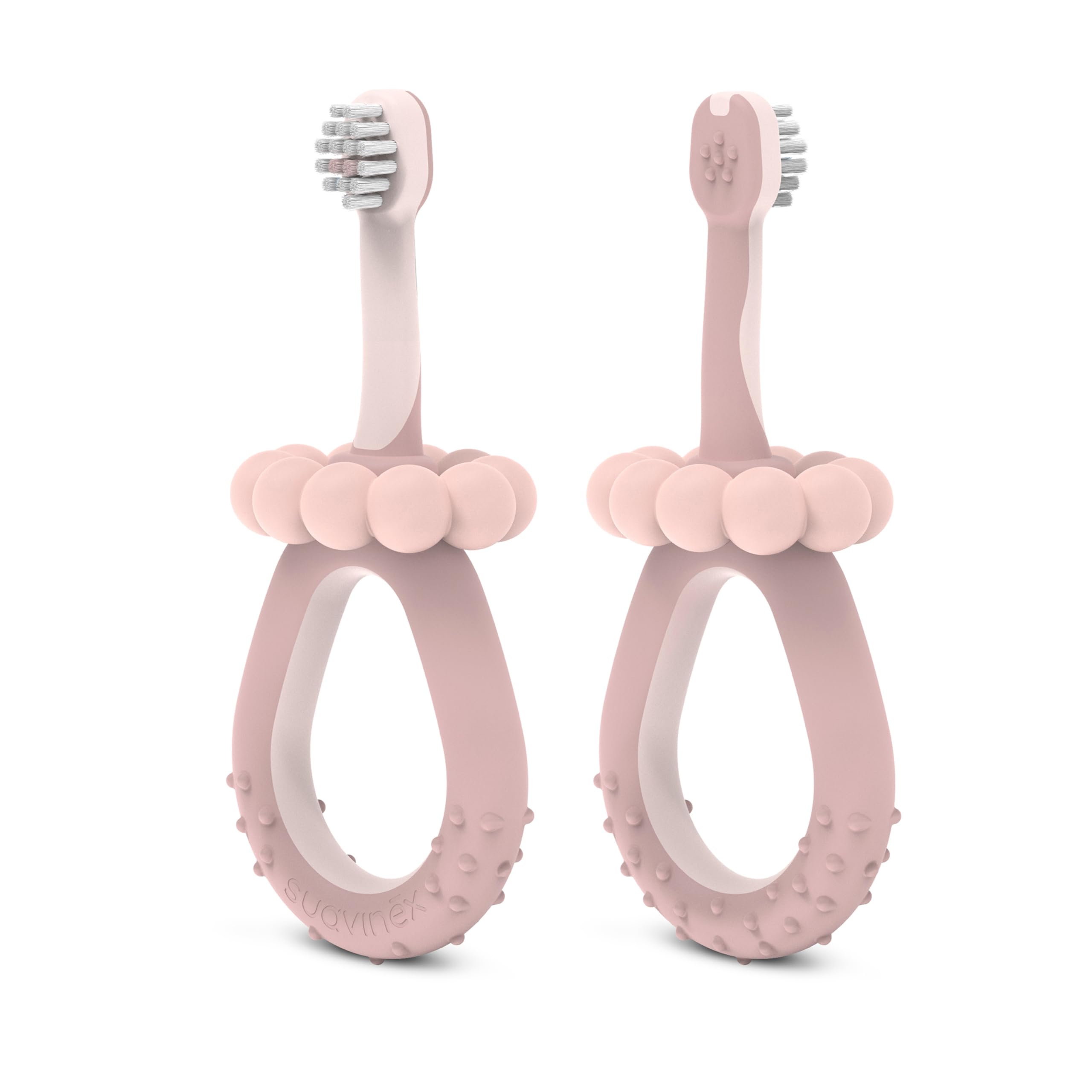 Suavinex, Spazzolino da denti per bambini da 0 a 2 anni, setole super morbide, ideale per gengive sensibili, manico ergonomico, testurizzato e antiscivolo, tappo di sicurezza, pulisci lingua, rosa