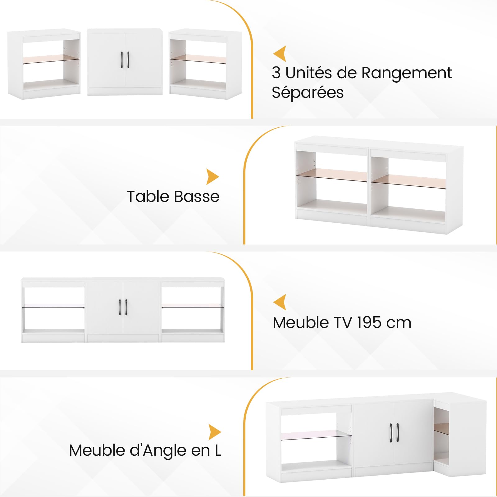COSTWAY Meuble TV LED pour Télé 85", Meuble Télé Modulaire en 3 Pièces, Étagères en Verre Réglables, 16 Couleurs, Lminosité Télécommandée, Table TV pour Chambre, Salon, Gaming (Blanc)