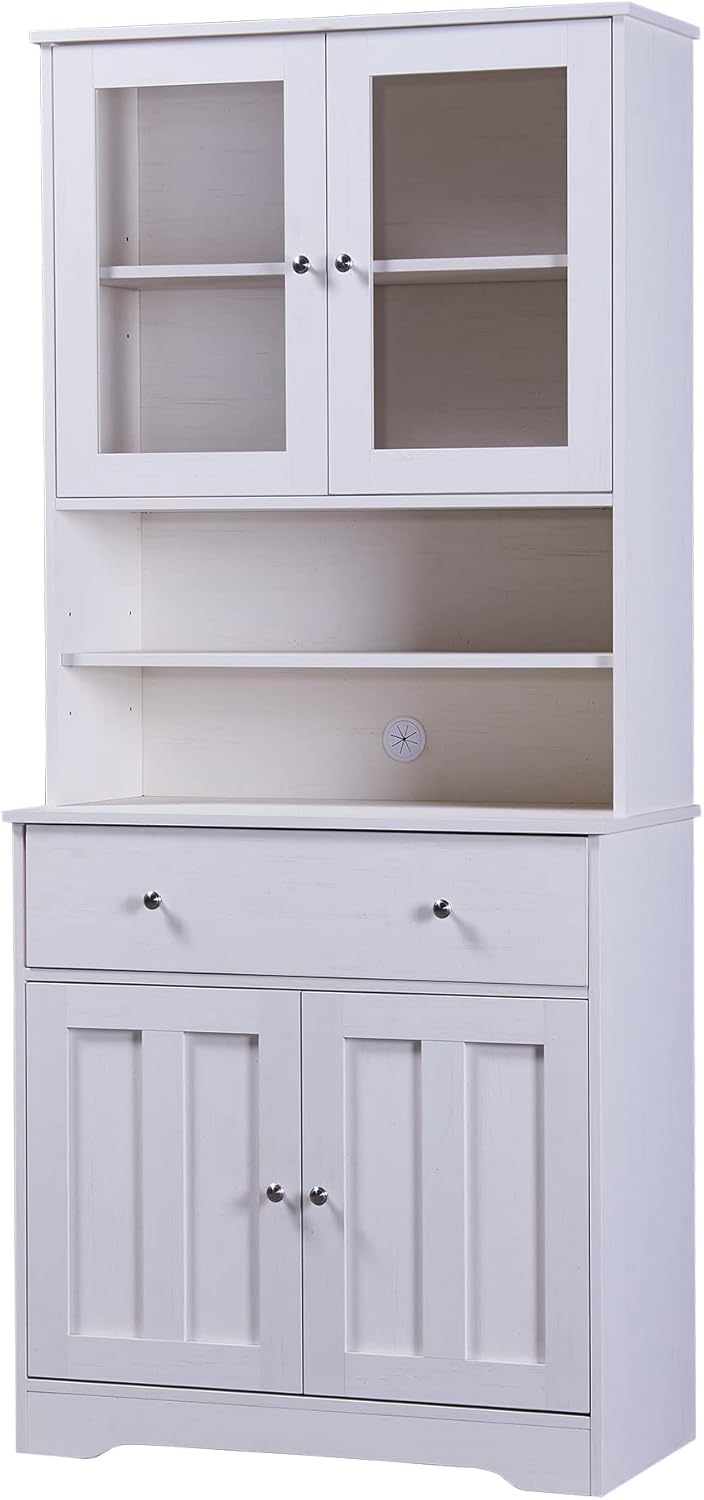 70.9 Inch Kitchen Pantry Cabinet,Freestanding Floor Cabinet with Open Shelf,Wood Freestanding Kitchen Pantry with Adjustable Shelves and Middle Tabletop for Living Room (White) (Antique White)