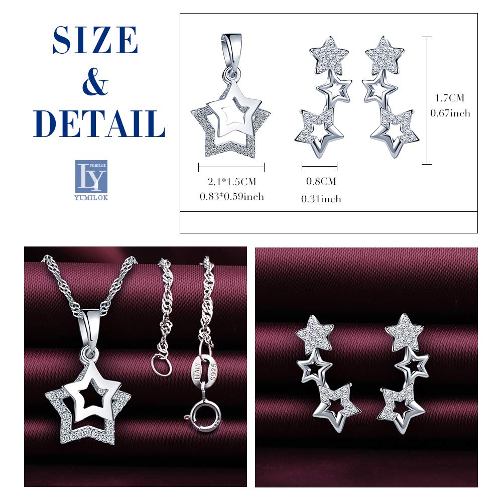 Collier étoile en Argent 925, Pendentif pour Femme Fille, Bague d'oreille étoile diamanté, orné des zircons, Ensembles de Bijoux, Argent, Cadeau Noël Anniversaire, Argent Sterling, Zircone cubique,