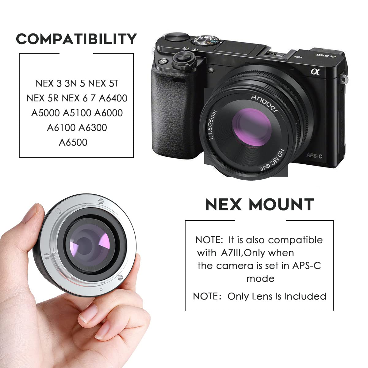Andoer 25 mm F1.8 APS-C obiektyw do aparatu z ręczną regulacją ostrości do aparatów Sony E-Mount A7III/A9/NEX 3 N/NEX 5 5T 5R/NEX 6 7/A5000/A5100/A6500/A6400/A6300/ A6100/A6100/A66400/A6300/