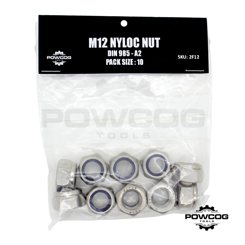 Powcog Silver M12 Nyloc Nut - A2 Stainless Steel Lock Nuts Grade 304 Metric - Din 985 - By Powcog® - Pack Of 10