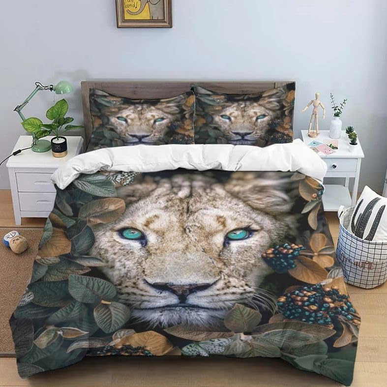 Housse de couette 220x240 lion vert foncé en microfibre 110g/m² avec 2 taies d'oreiller