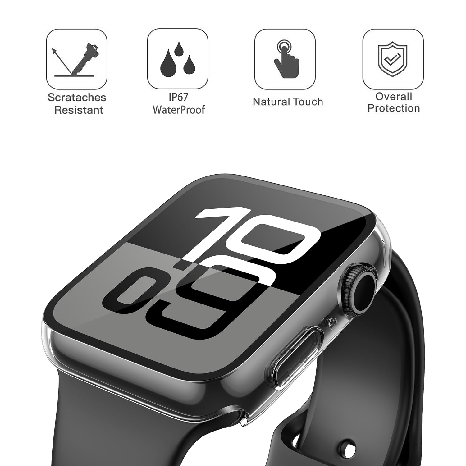 Misxi Wodoodporne twarde etui ze szkłem hartowanym, kompatybilne z Apple Watch Series 11 (2025) Series 10 42 mm, ogólna osłona ochronna na ekran iWatch, 1 czarna + 1 przezroczysta