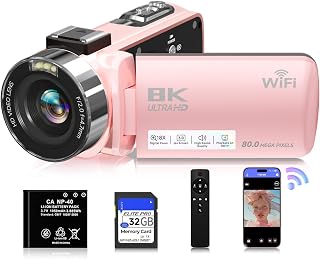 8K 80MP Video Camera Camcorder, Pink WiFi Vlogging Camera for YouTube | Cam Corder with 18X Digital Zoom, 3.0" 270° Flip Screen, 32GB SD Card & Remote