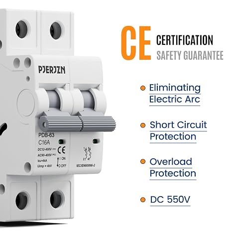 Miniature Circuit Breaker 400VDC/AC 16A 2 Pole Solar Circuit Breaker Shut Off Switch, PV Isolator Solar Panel for Homes Battery (16 Amp)