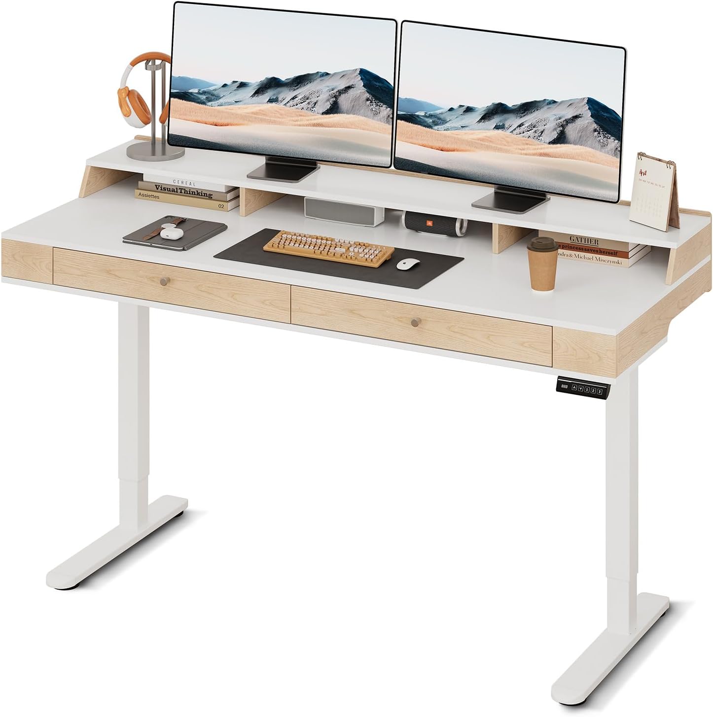 Electric Standing Desk 47x24 Inches with 2 Drawers and Monitor Shelf,Adjustable Computer Desk from 28-46'',Ergonomic Standing Up Home Office Desks with Storge&Digital Memory Controller,White