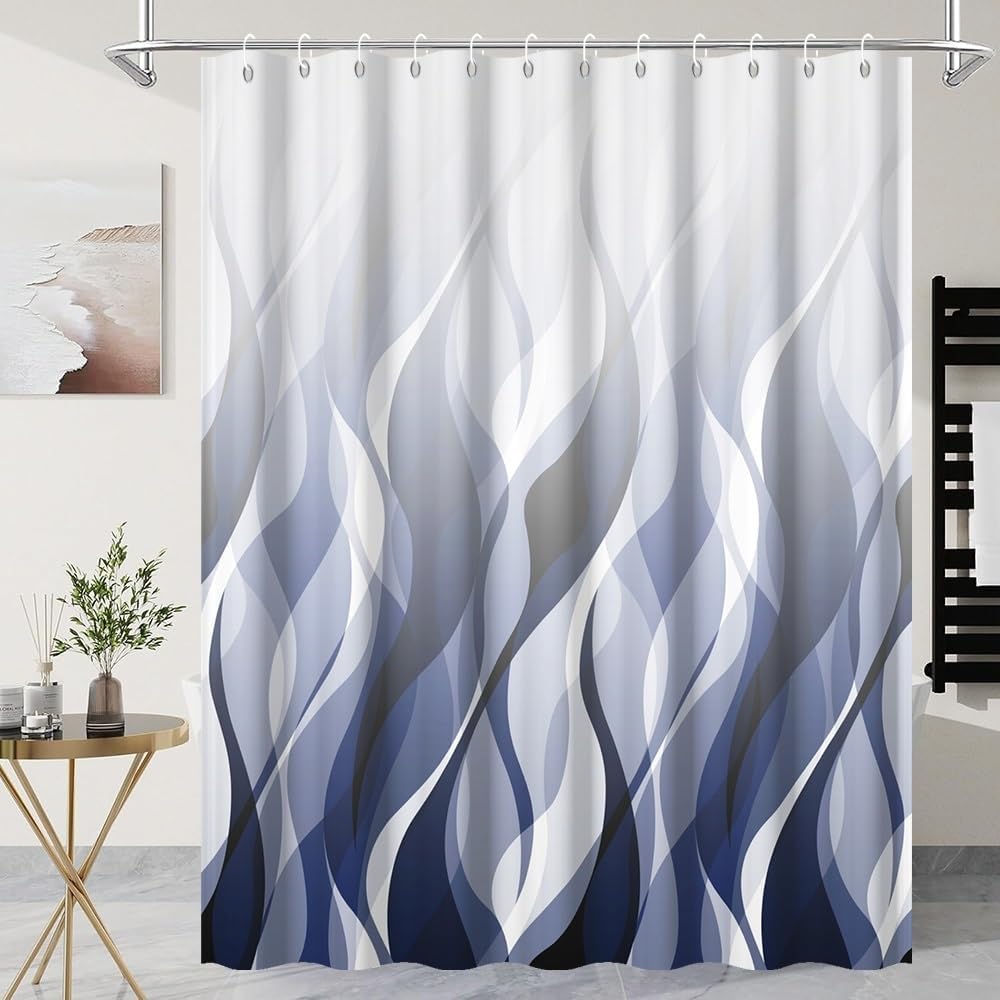 UIYIUI Navy Blue Striped Shower Curtain for Bathroom 59x71in/150x180/WxH Abstract Ombre Blue Waves Geometric Bath Curtains, Modern Waterproof Shower Curtains for Bathtubs Restroom with Hooks