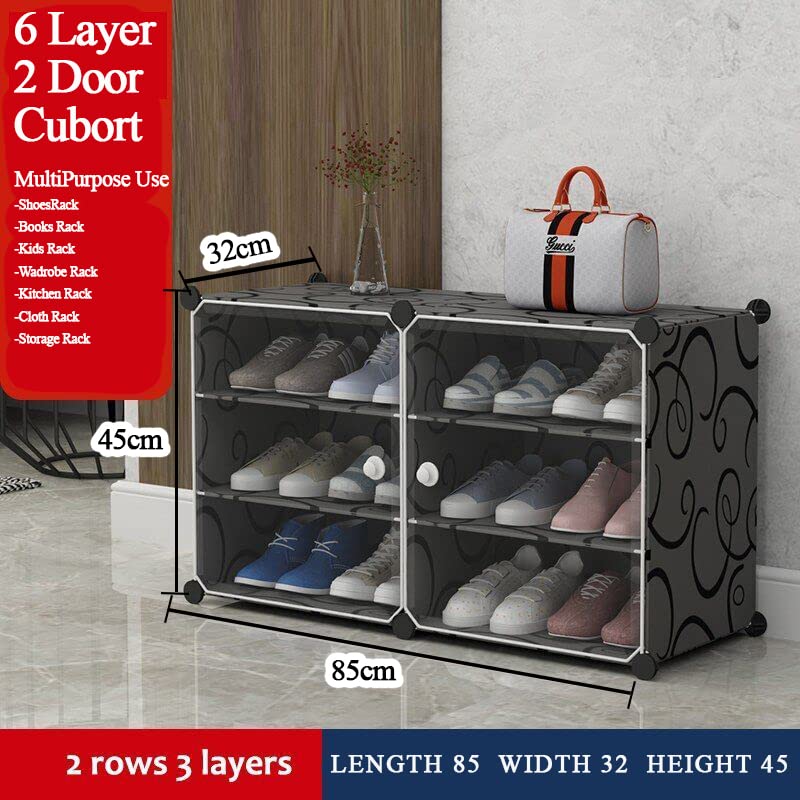 Image of AYSIS DIY Shoe Rack Organizer /Multi-Purpose Plastic 6 Layers 2 Door Portable and Folding Shoe Rack ^ Black6Shelf2Door