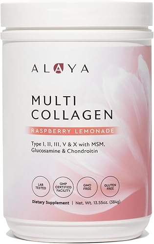 Alaya - Polvo de colágeno múltiple - Suplemento de proteína de péptidos de colágeno hidrolizados tipo I, II, III, V, X, con MSM + GC (limonada de