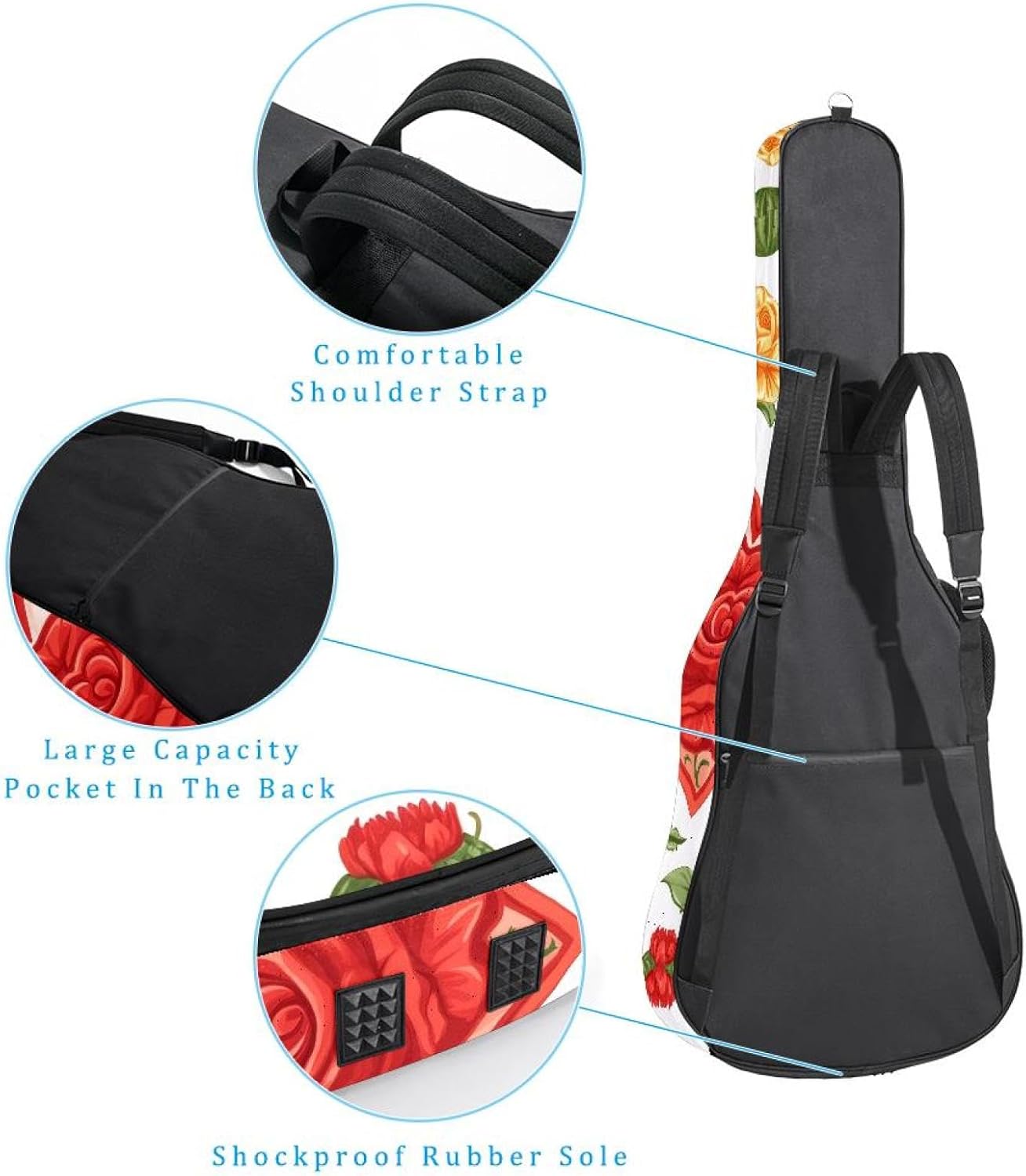 Acoustic Guitar Gig Bag 10mm Thick Padding, Soft Waterproof Guitar Case with Adjustable Backpack Straps for 40-42 Inch Guitar, Cute Heart Shape Cactus Flowers Rose