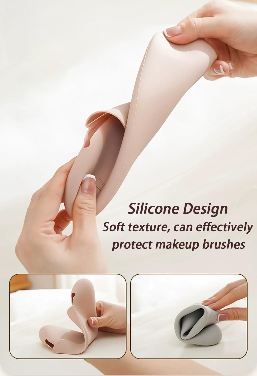 Silicone Makeup Brush Holder Makeup Bag Cosmetic Travel Bag Waterproof Make up Organizer Portable Brushes Case Toiletry Pouch Anti-Fall Out Magnetic Closure Purse Bag (Khaki) - Image 4