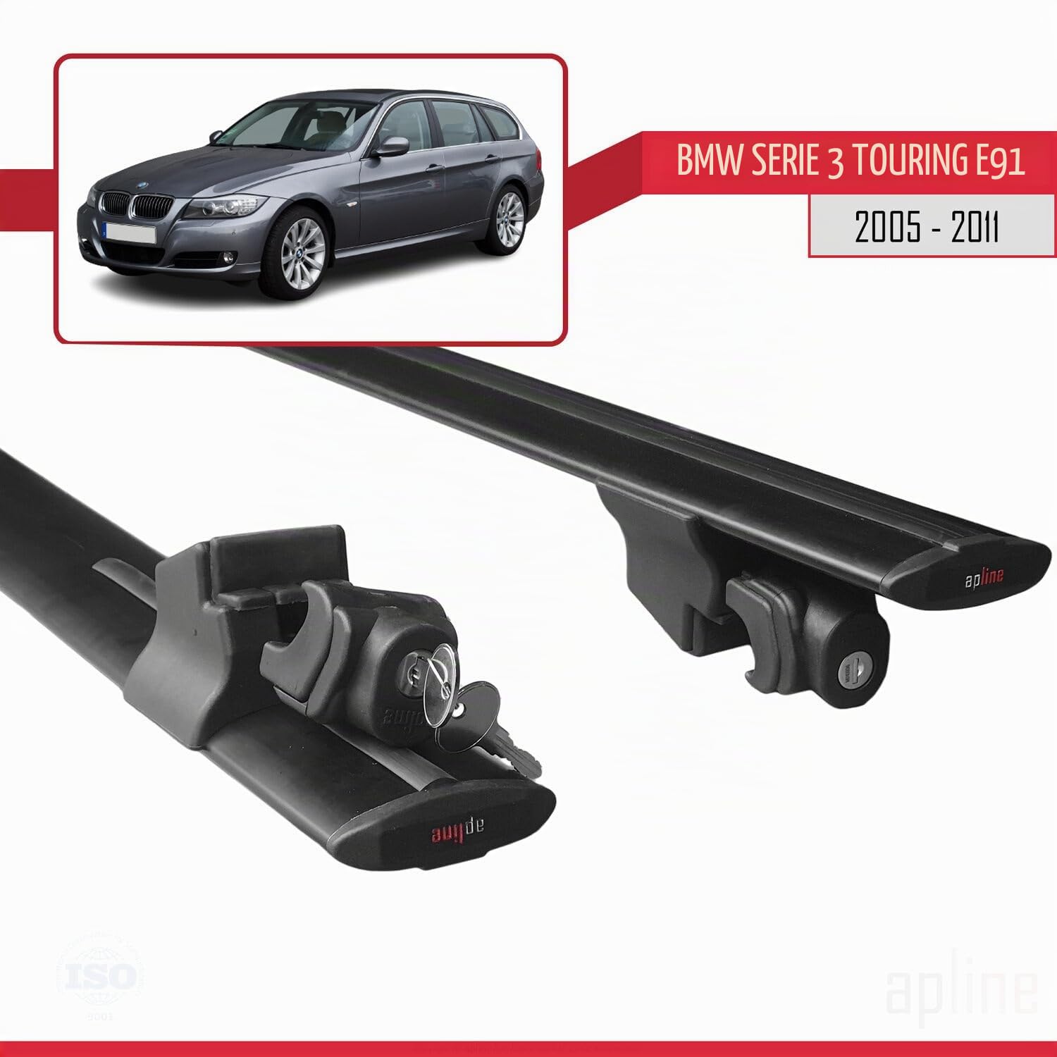 Compatible con Bmw 3 Series Touring (E91) 2005-2011 Barras de techo Portaequipajes HOOK Barras Transversales Con Cerradura Aluminio NEGRO
